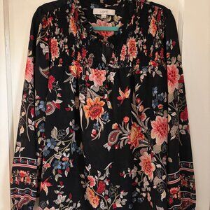 Ann TaylorLoft Black Floral Semi Sheer Smocked Neck Long Sleeve Blouse Size XL